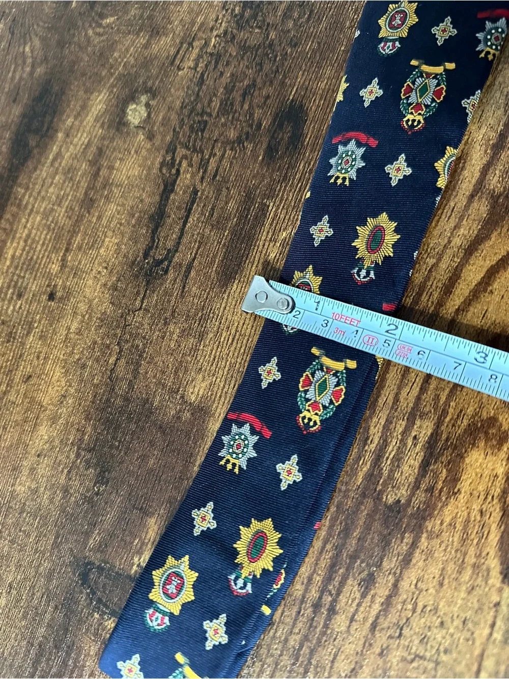 Tommy Hilfiger 90s Navy Silk Tie with Crest and Star Motif Preppy Dark Academia